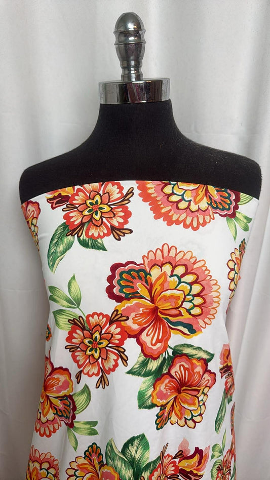 Folk Art Floral on White - Designer Nylon/Spandex Swim - 1 Yard Cut