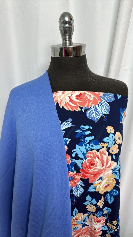 BLUE/NAVY FLORAL BUNDLE : 3YD Blue Brushed Sweatshirt Fleece & 1YD Navy Floral DBP : A30626