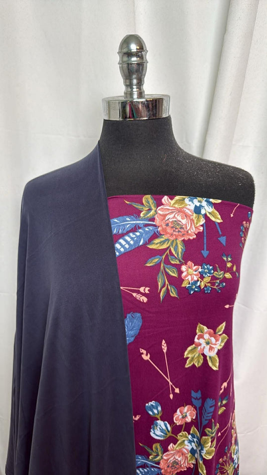 NAVY/FEATHER FLORAL BUNDLE : 1+YD Feathers & Floral DBP & 2YD Navy Cupro : A30419