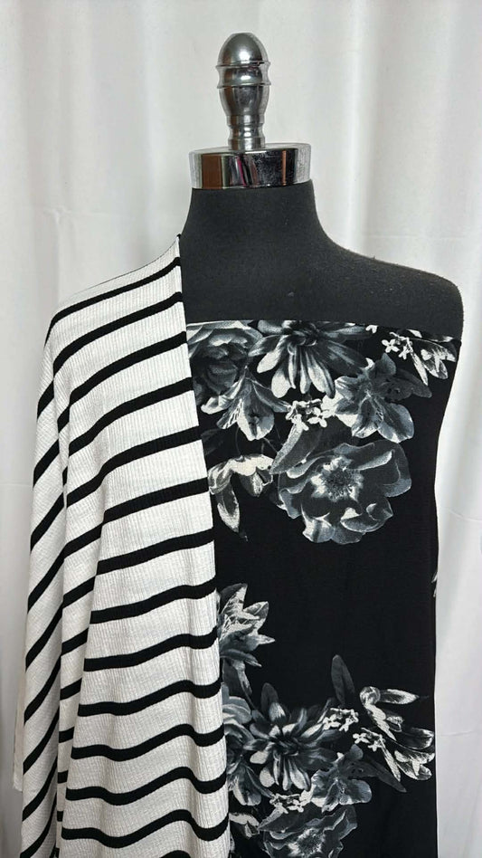 BLACK/WHITE- STRIPE/FLORAL BUNDLE : 2YD Black/White Stripe R/P/S Rib & 2YD Black/White Floral Bubble Crepe : A29364