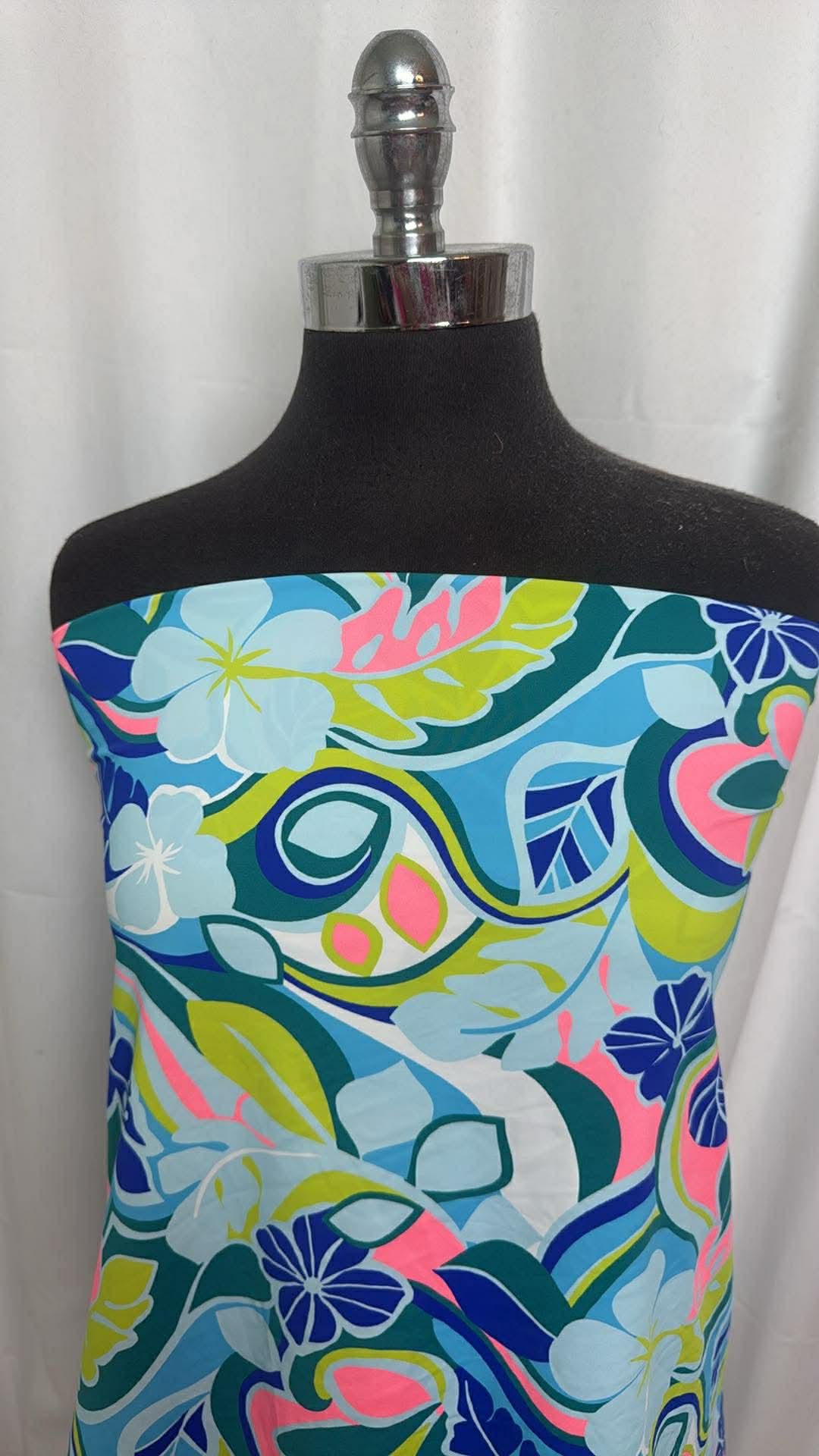 Blue/Green/Pink Retro Floral - Designer Nylon/Spandex Swim - 1 Yard Cut