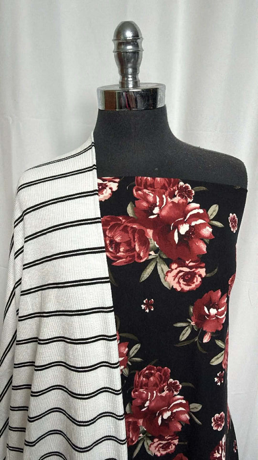 BLACK FLORAL/STRIPE BUNDLE : 2YD Black Floral DBP & 2YD Stripe R/P/S Rib : A29359