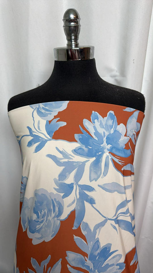 Red/Ivory/Blue Floral - Designer Nylon/Spandex Swim - 1 Yard Cut