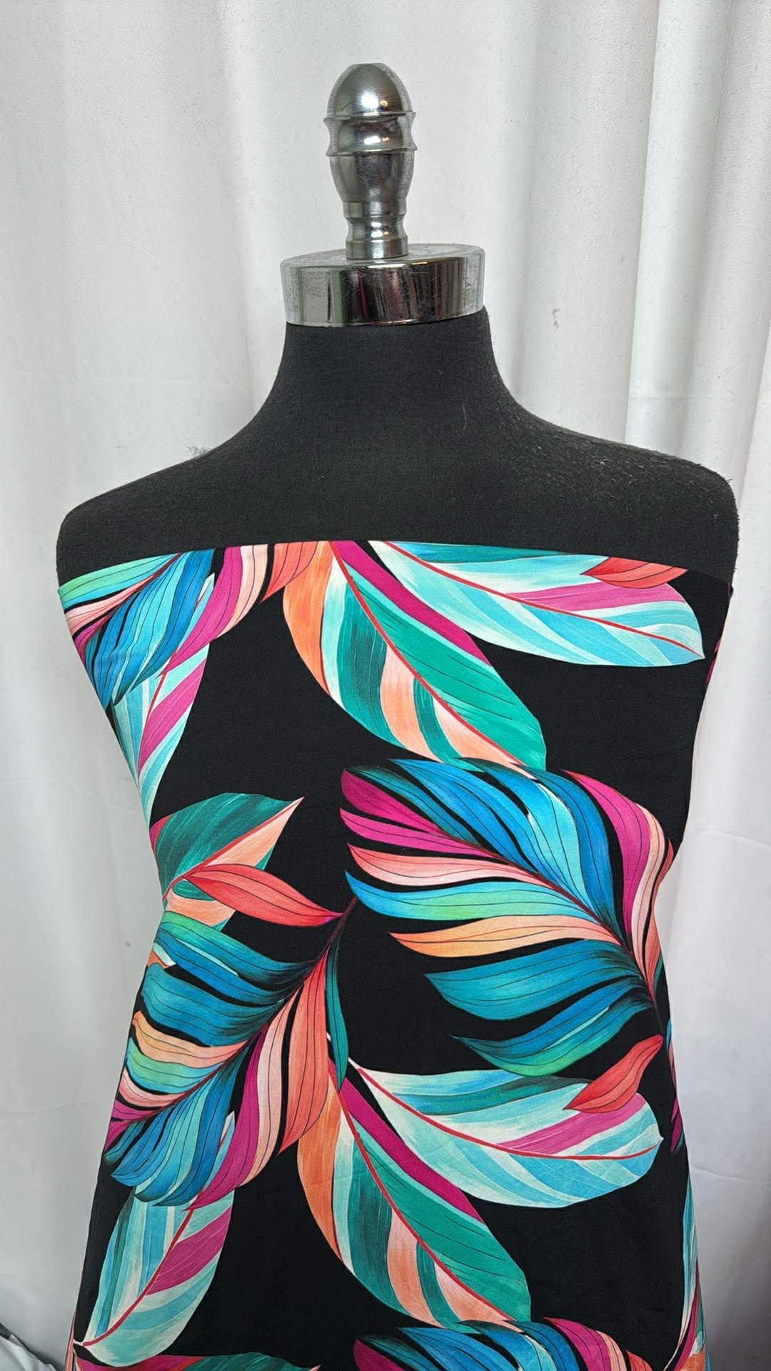 Big Colorful Leaves on Black - Designer Nylon/Spandex Swim - 1 Yard Cut