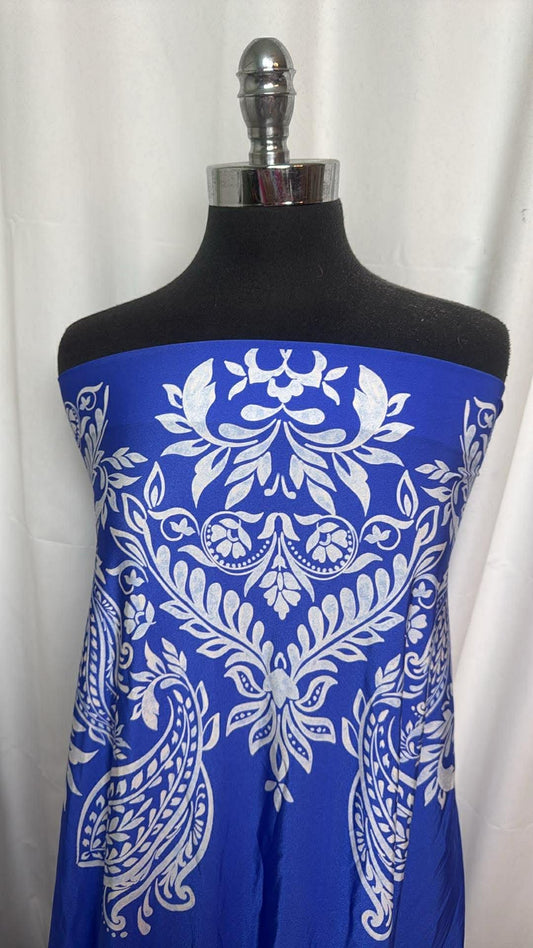 Double-Border Blue Large Paisley/Floral - Designer Nylon/Spandex Swim - 2 Yard Cut