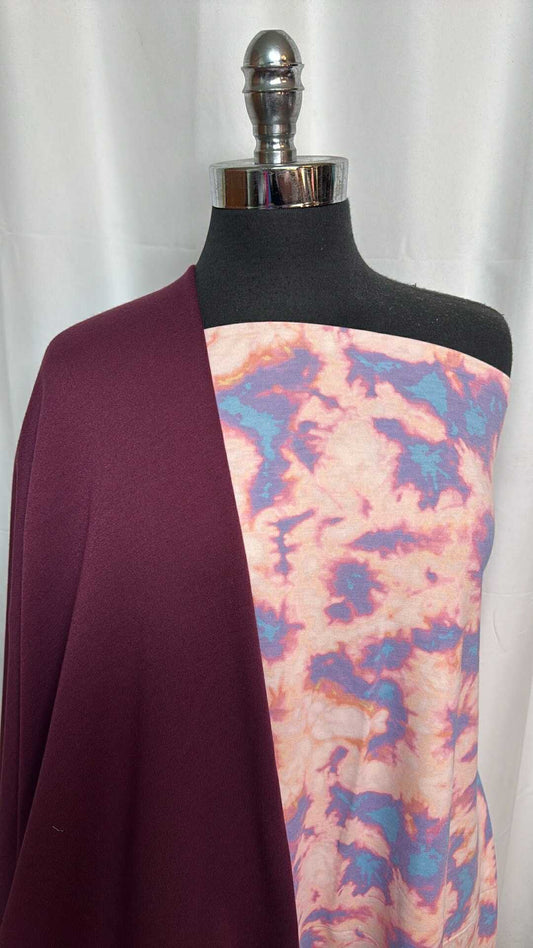 BURGUNDY/TIE DYE BUNDLE : 2YD Burgundy Sweatshirt Fleece (72" Wide) & 2YD Tie Dye PRS FT : A29336