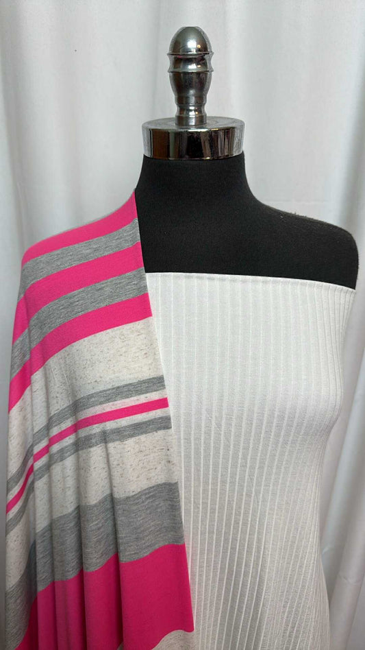 WHITE/GREY-PINK STRIPE BUNDLE : 2YD White R/S Rib & 2YD Grey/Pink Stripe P/R/S/Linen : A28056