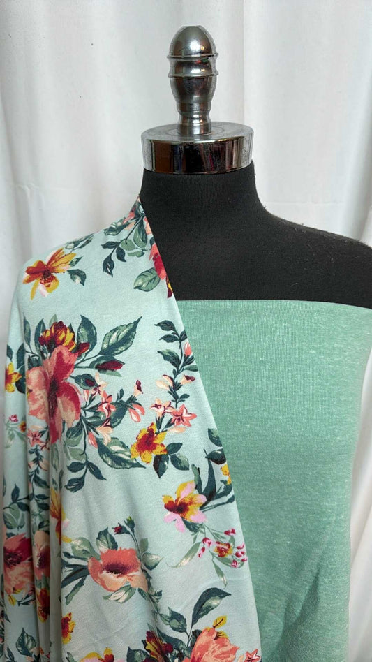 GREEN/MINT FLORAL BUNDLE : 2YD Mint Floral PRS FT & 1YD Green C/P Sweatshirt Fleece : A28330