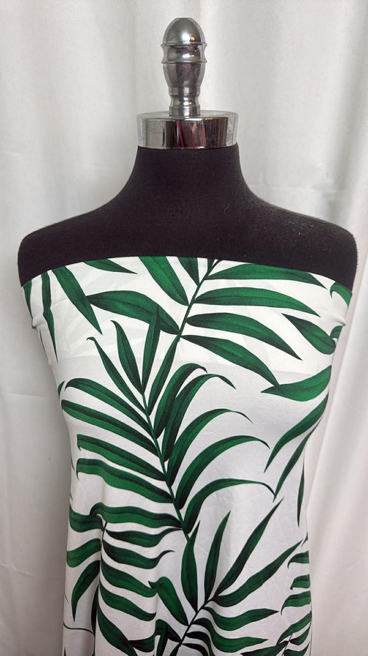 White/Green Leaves - Designer Nylon/Spandex Swim - 1 Yard Cut