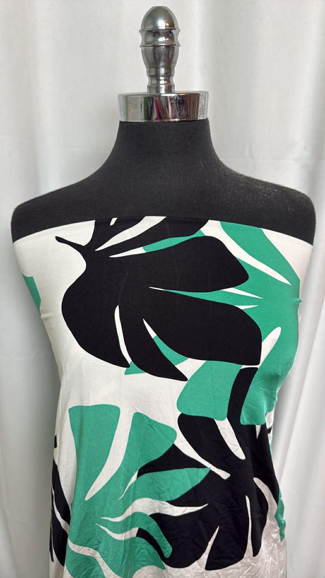 Black/Green Leaves on White - Designer Nylon/Spandex Swim - 1 Yard Cut