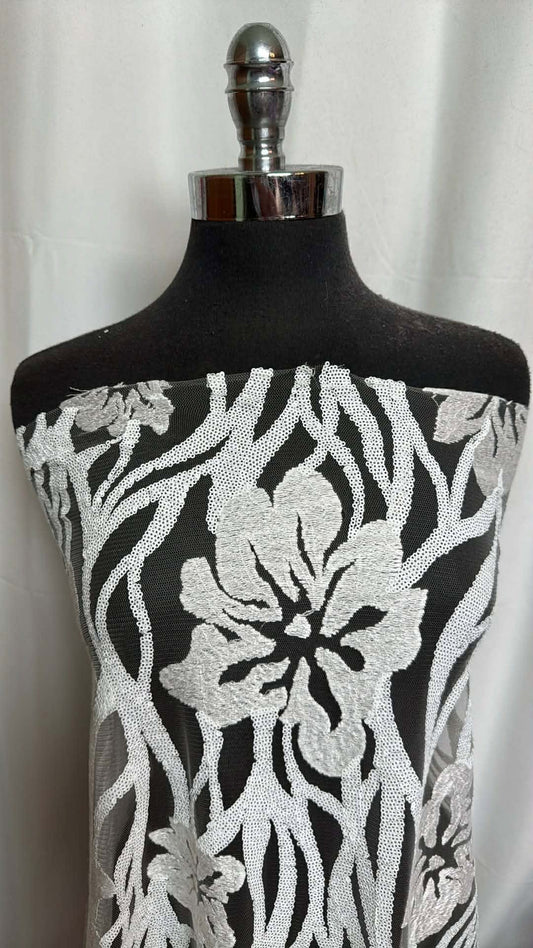 White Sequins on Tulle with Embroidery - 2 Yard Cut