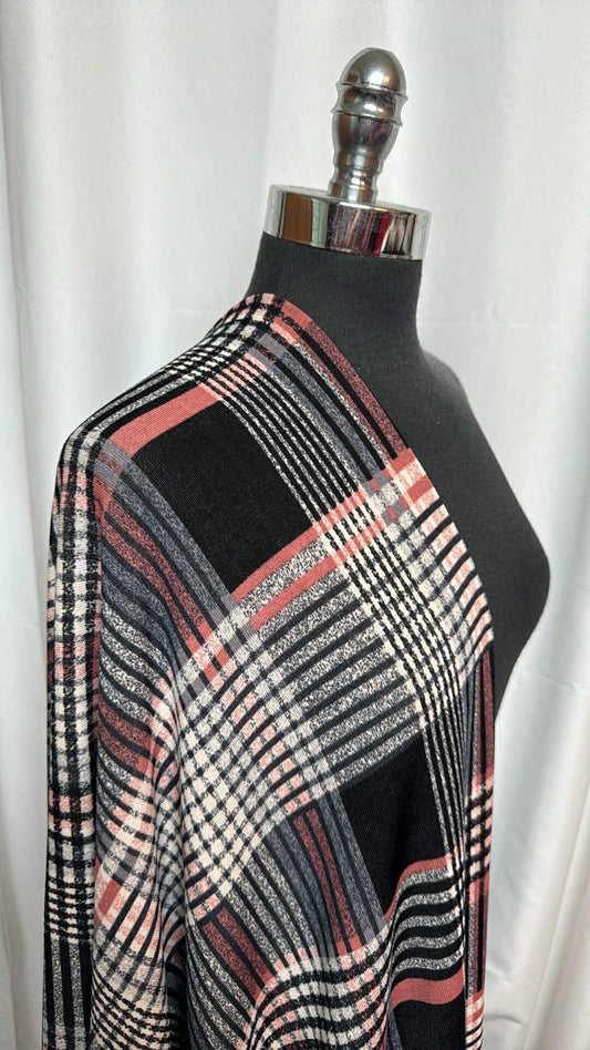 Black/Coral Plaid - Ana Sweater Knit - 2 Yard Cut