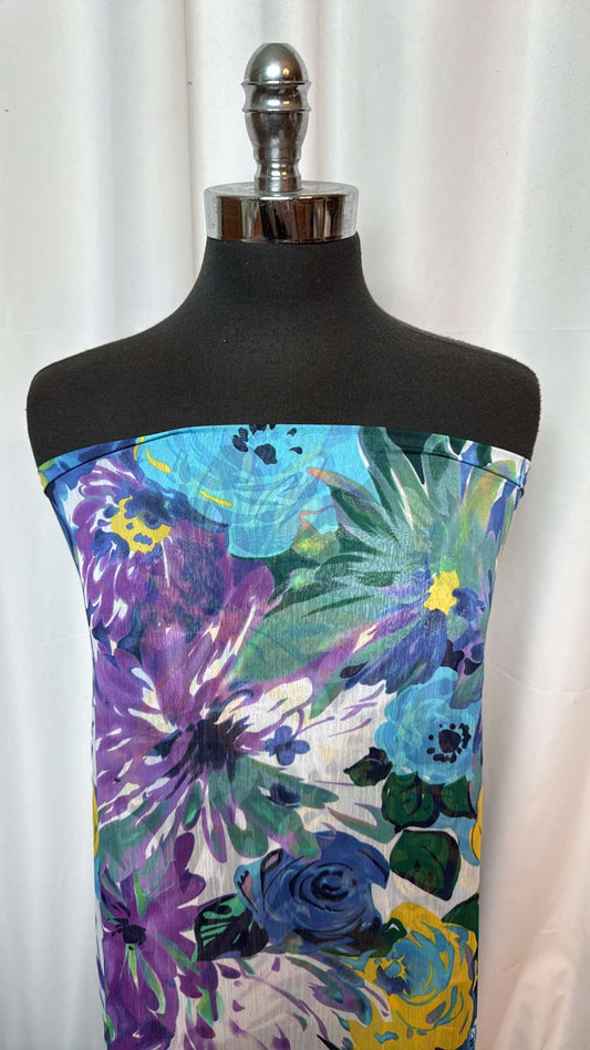 Blue/Purple/Green Floral - Crinkle Chiffon - 2 Yard Cut
