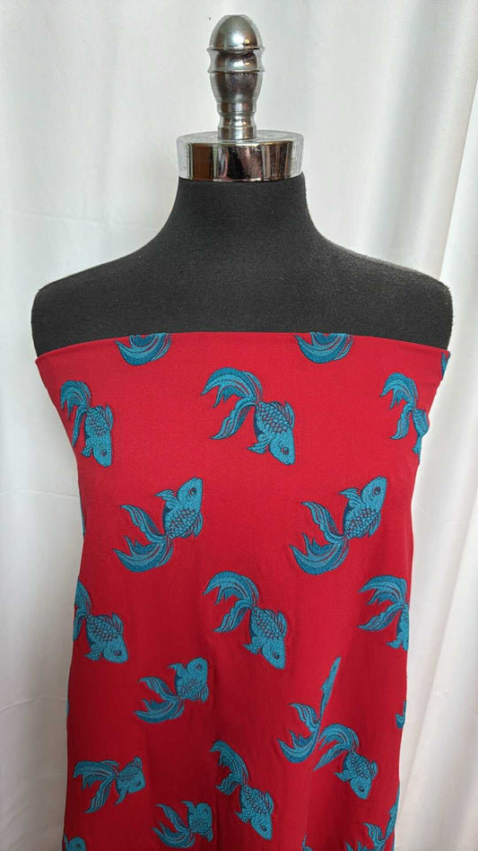 Blue Fish on Red - Poly/Spandex Jacquard Stretch Woven (50" Wide) - 2 Yard Cut