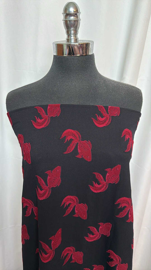 Red Fish on Black - Poly/Spandex Jacquard Stretch Woven (50" Wide) - 2 Yard Cut