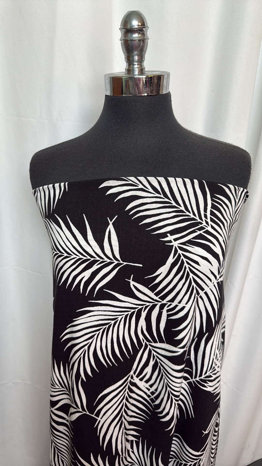 Black/Ivory Tropical Leaves - Poly/Rayon/Spandex Stretch Woven - 3 Yard Cut