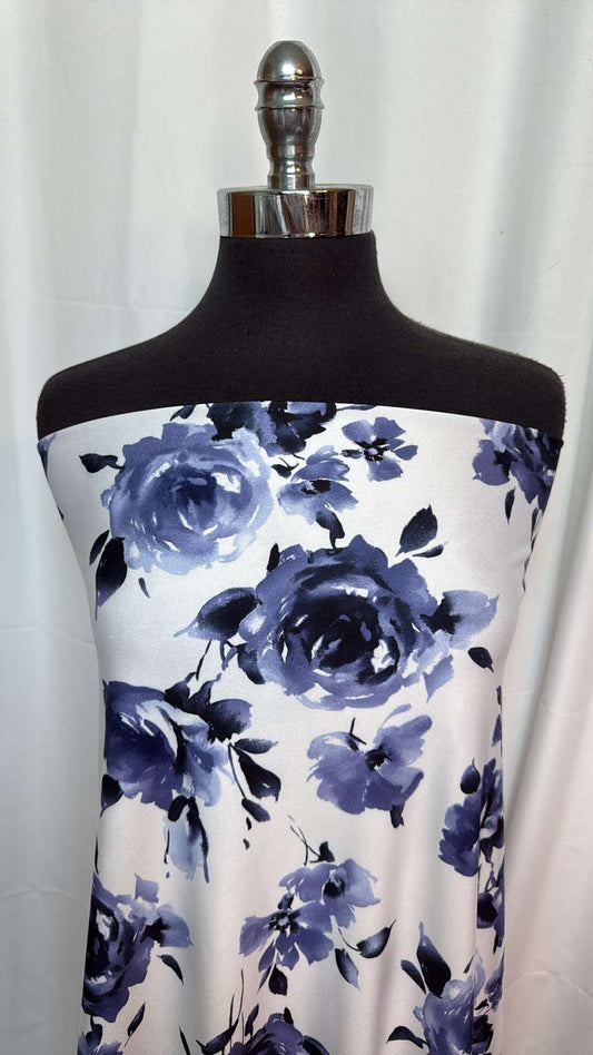 Ivory/Blue Floral - Yoga Performance - 1 Yard Cut