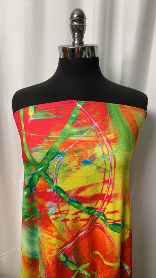 Red/Orange/Green Abstract - Single Brushed Poly Spandex - 3 Yard Cut