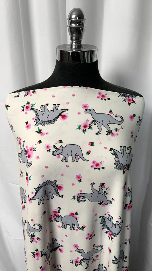 Ivory Floral Dinos - Double Brushed Poly Spandex - 2 Yard Cut